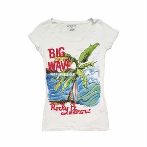 Aeropostale White Short Sleeve Graphic Tee Tshirt Big Wave Tropical Surf Palm M